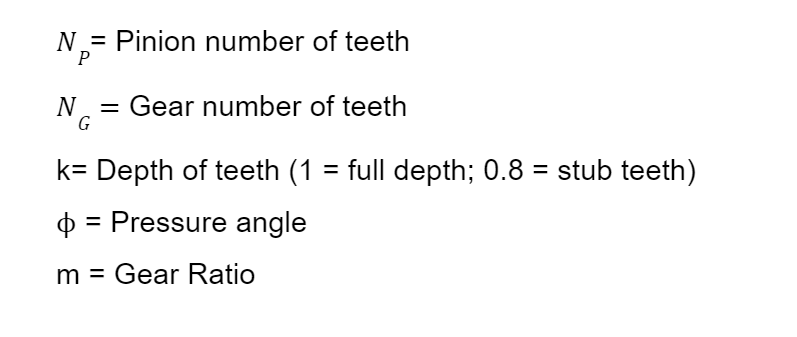 Np equals pinion number of teeth, Ng equals gear number of teeth, k equals depth of teeth, one equals full depth; zero decimal eight equals stub teeth , pressure angle, gear ratio