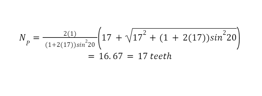 NP=2(1)(1+2(17))sin22017+172+1+2(17)sin220=16.67=17 teeth